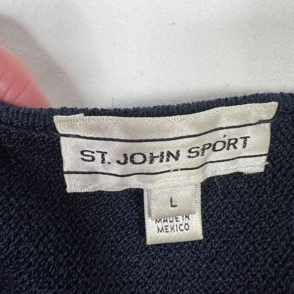 St John Sport Santana Knit Sweater Nautical Rope Detail Boat Neck Navy Blue LG